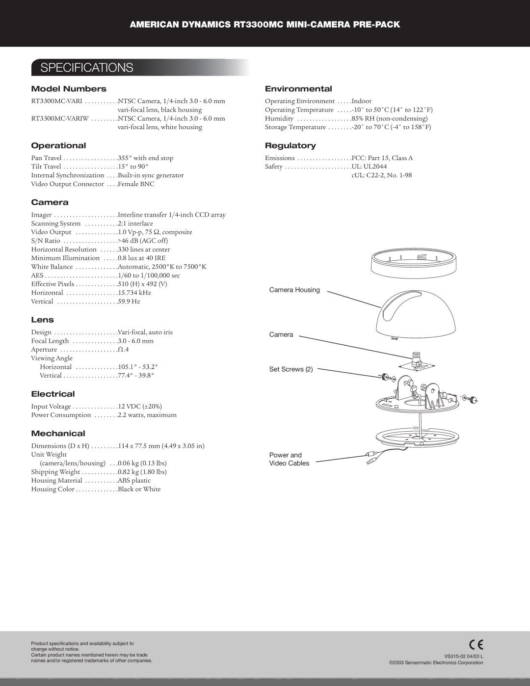 American Dynamics RT3300MC manual Specifications 