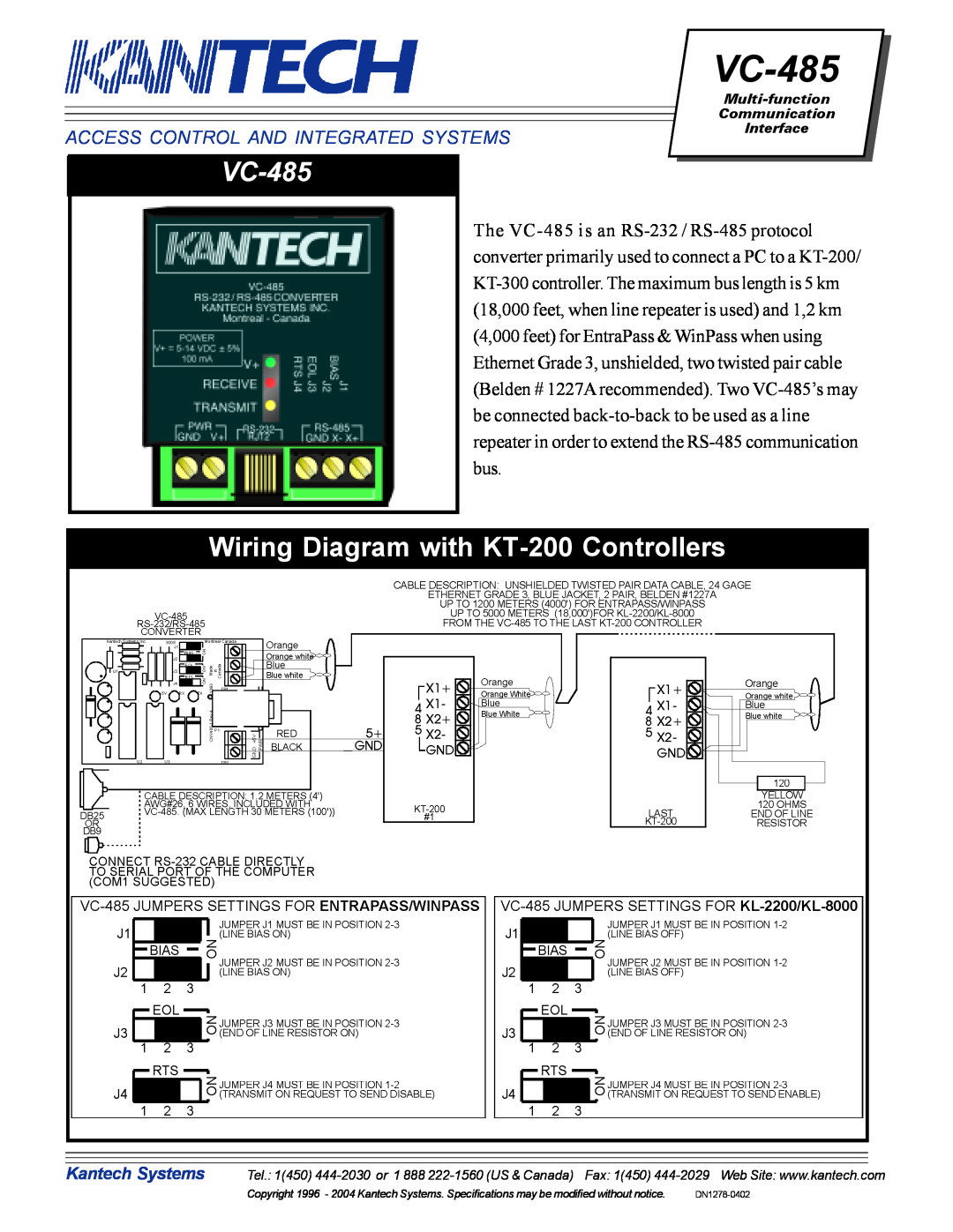 American Dynamics VC-485 specifications Wiring Diagram with KT-200 Controllers, Access Control And Integrated Systems 