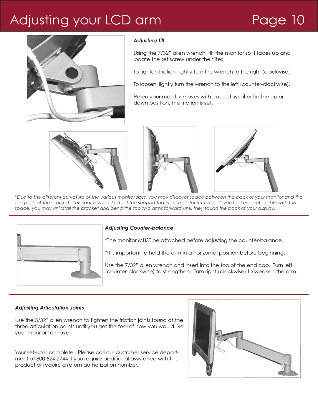 American Innovative 7000, 7045, 7506, 3545, 3500 installation instructions Adjusting your LCD arm, Adjusting Tilt 