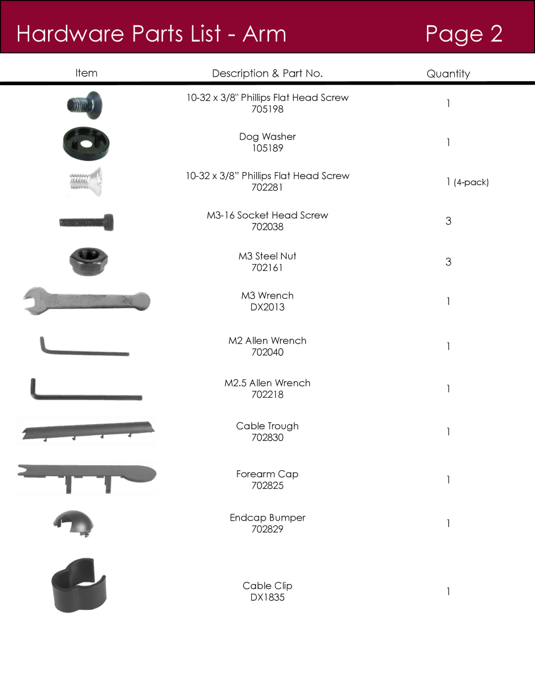 American Innovative 3545, 7045, 7000, 7506, 3500 installation instructions Hardware Parts List Arm 