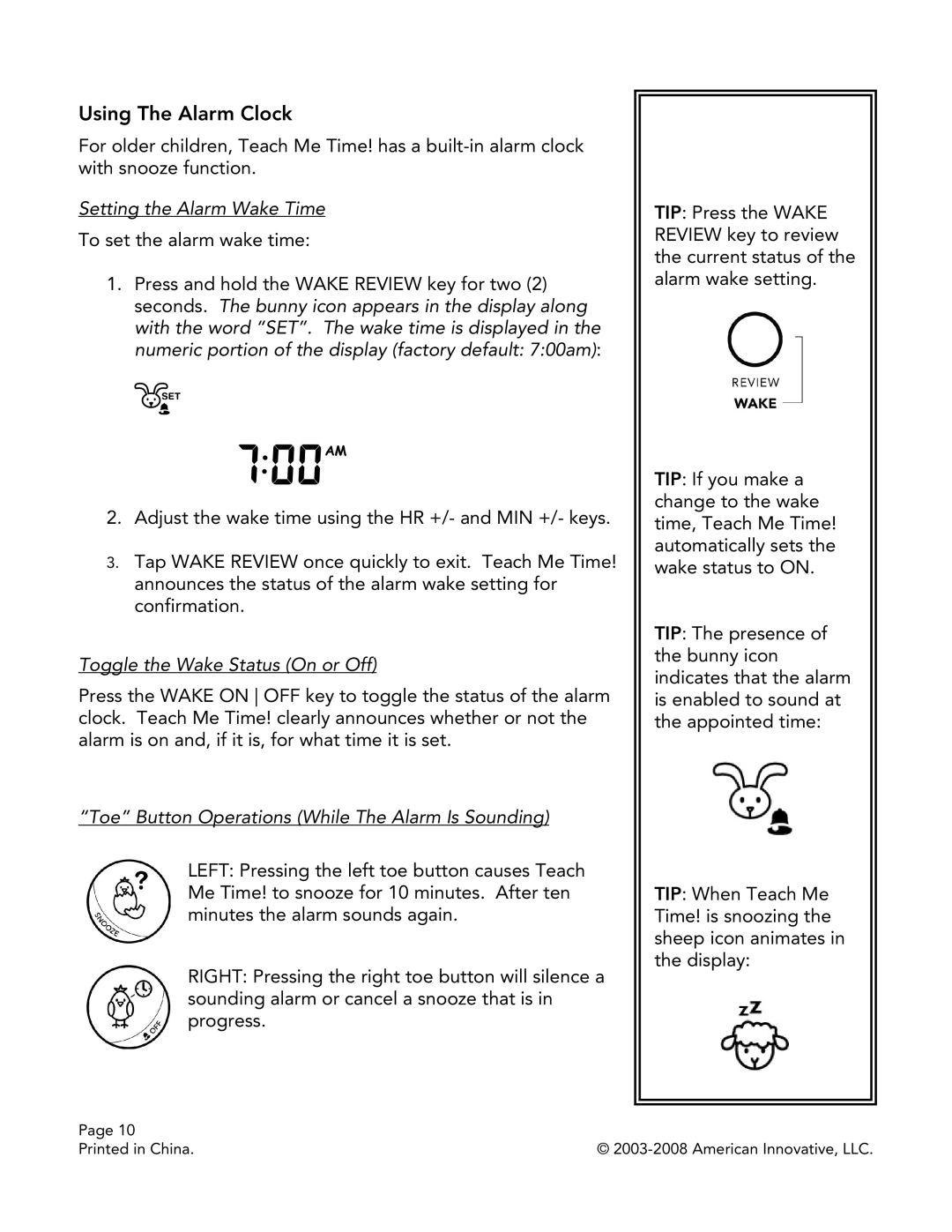 American Innovative TMT081-US manual Using The Alarm Clock, Setting the Alarm Wake Time, Toggle the Wake Status On or Off 