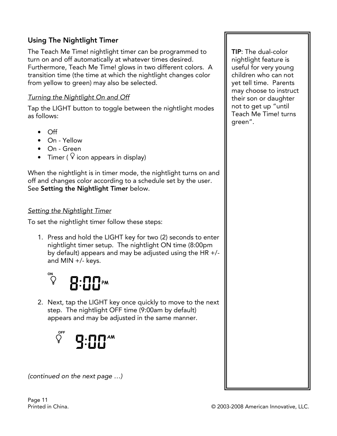 American Innovative Teach Me Time! Talking Alarm Clock & Nightlight manual Using The Nightlight Timer, On the next page … 