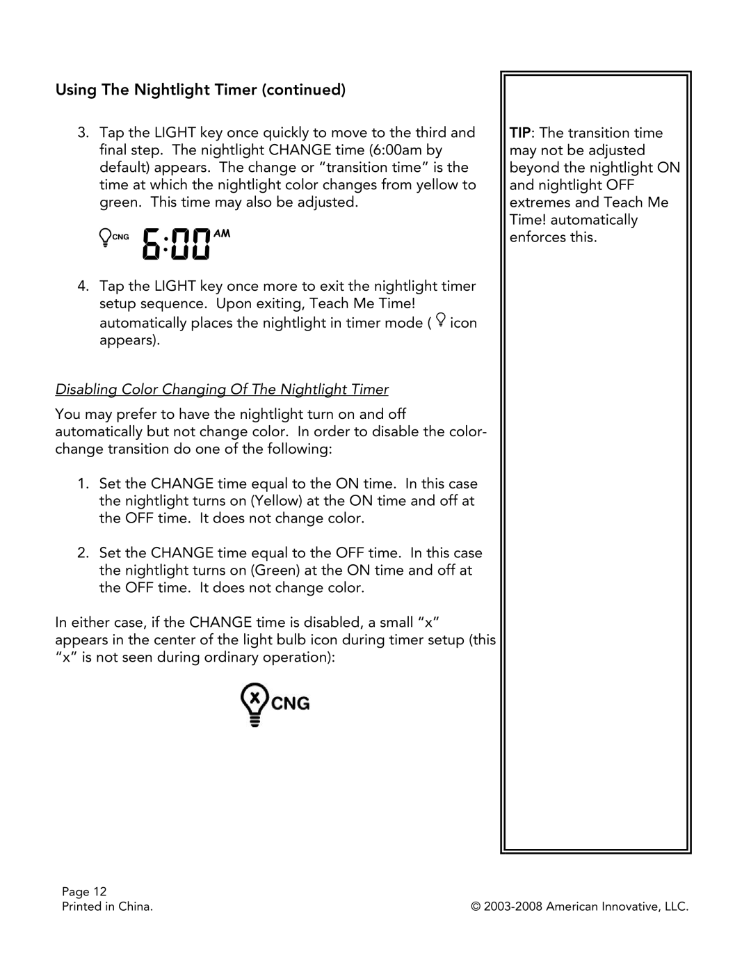 American Innovative TMT081-US manual Disabling Color Changing Of The Nightlight Timer 