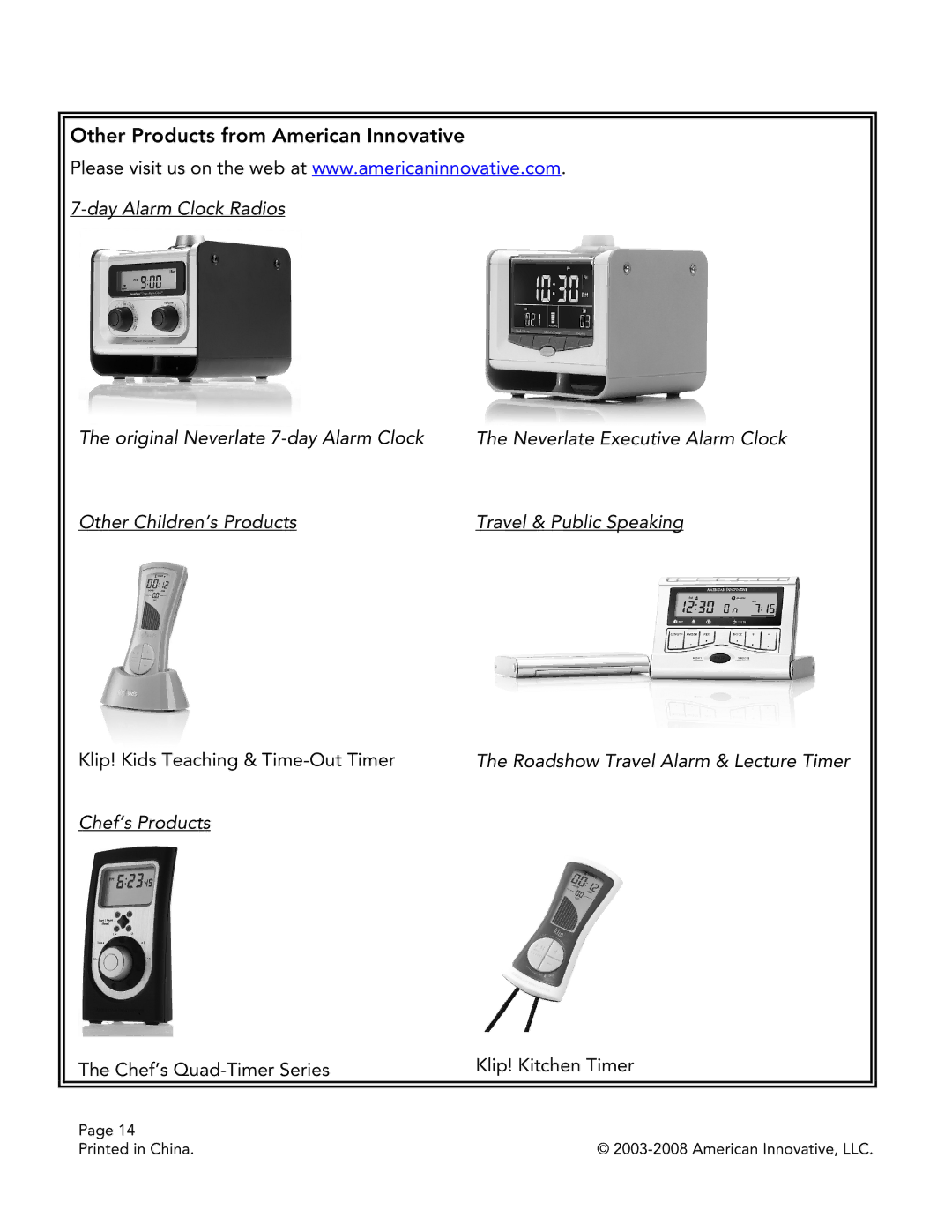 American Innovative TMT081-US manual Other Products from American Innovative, Original Neverlate 7-day Alarm Clock 