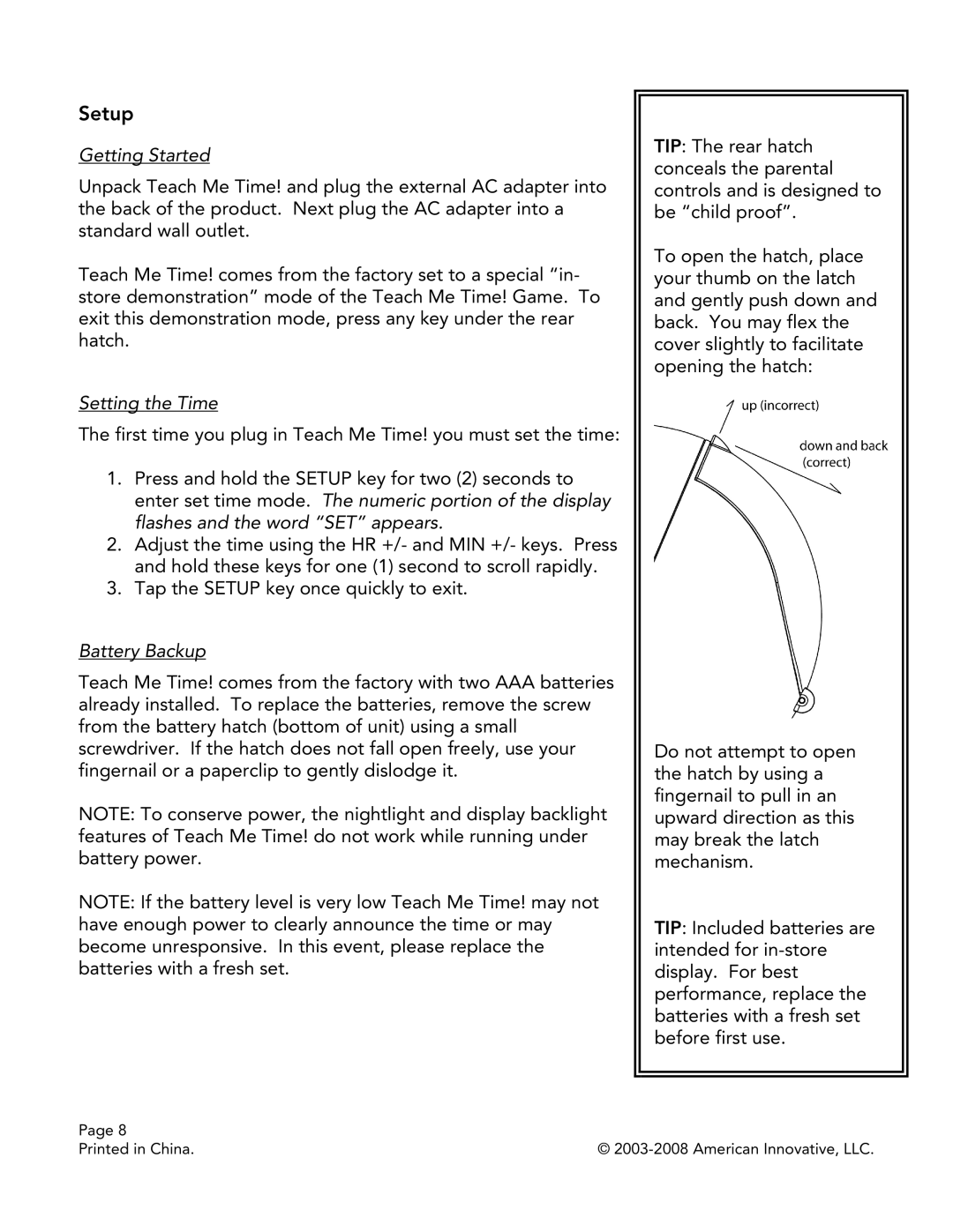 American Innovative TMT081-US manual Setup, Getting Started, Setting the Time, Battery Backup 