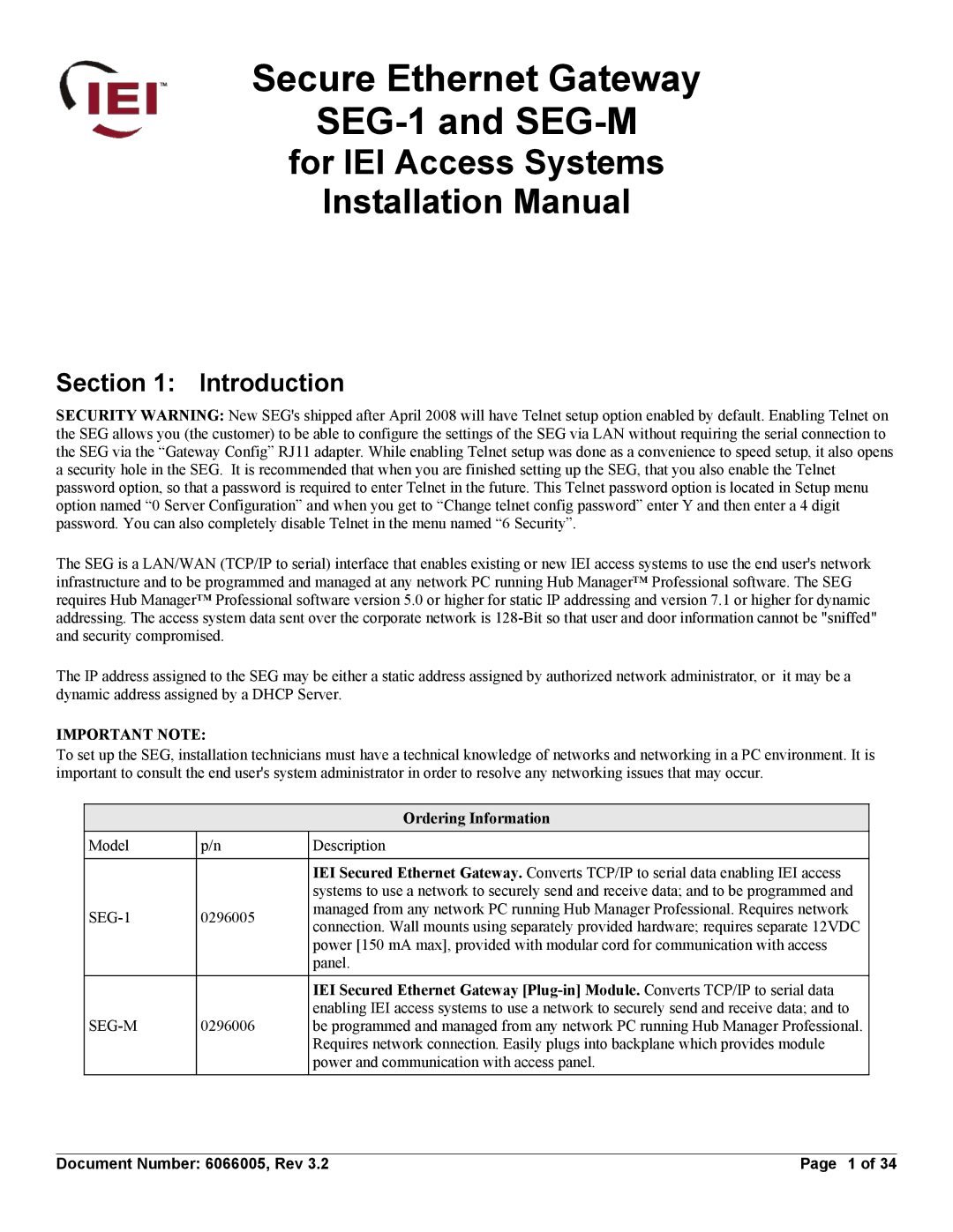 American International Electric installation manual Secure Ethernet Gateway SEG-1 and SEG-M, Ordering Information 