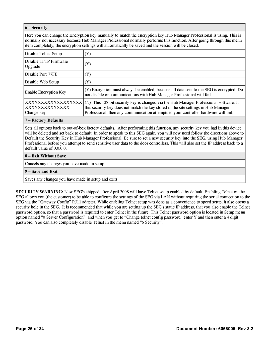 American International Electric SEG-1, SEG-M Security, Factory Defaults, Exit Without Save, Save and Exit 