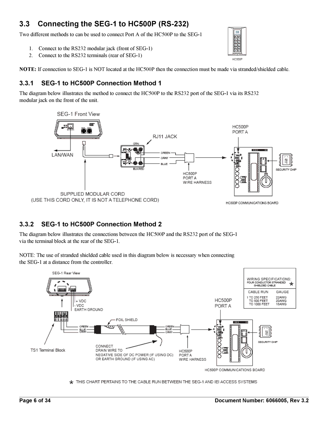 American International Electric SEG-M Connecting the SEG-1 to HC500P RS-232, SEG-1 to HC500P Connection Method 