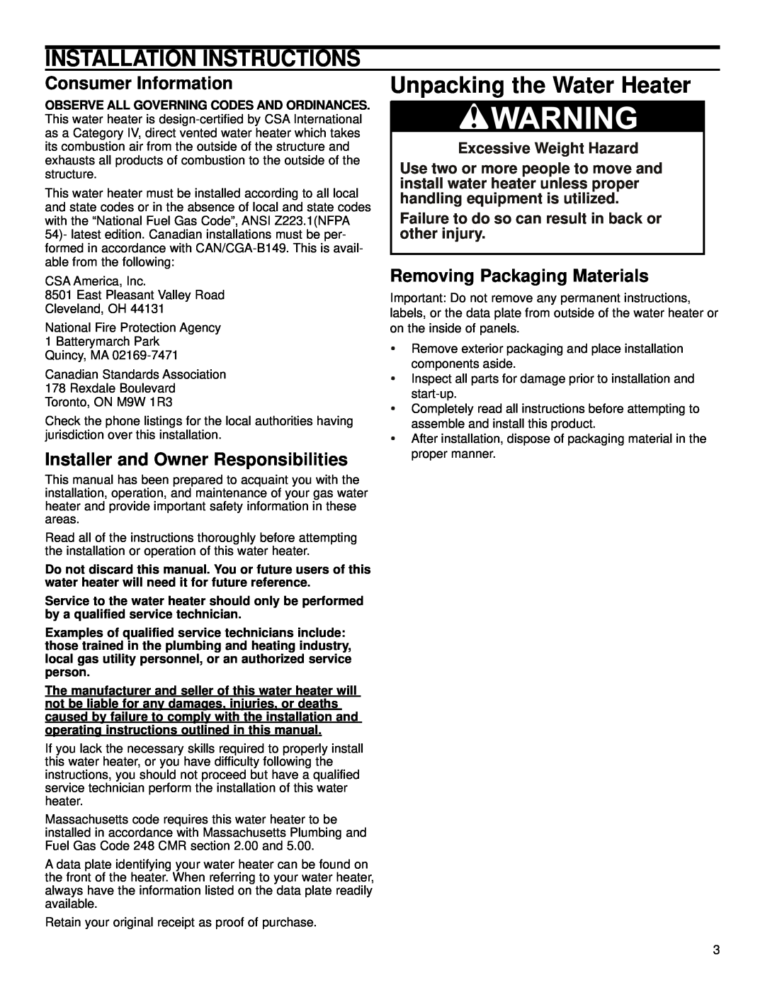 American International PR 150-34 2NV or 2PV Installation Instructions, Unpacking the Water Heater, Consumer Information 