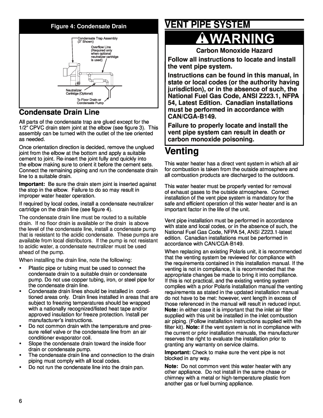 American International PR 130-34 2NV or 2PV manual Venting, Condensate Drain Line, Carbon Monoxide Hazard, Vent Pipe System 