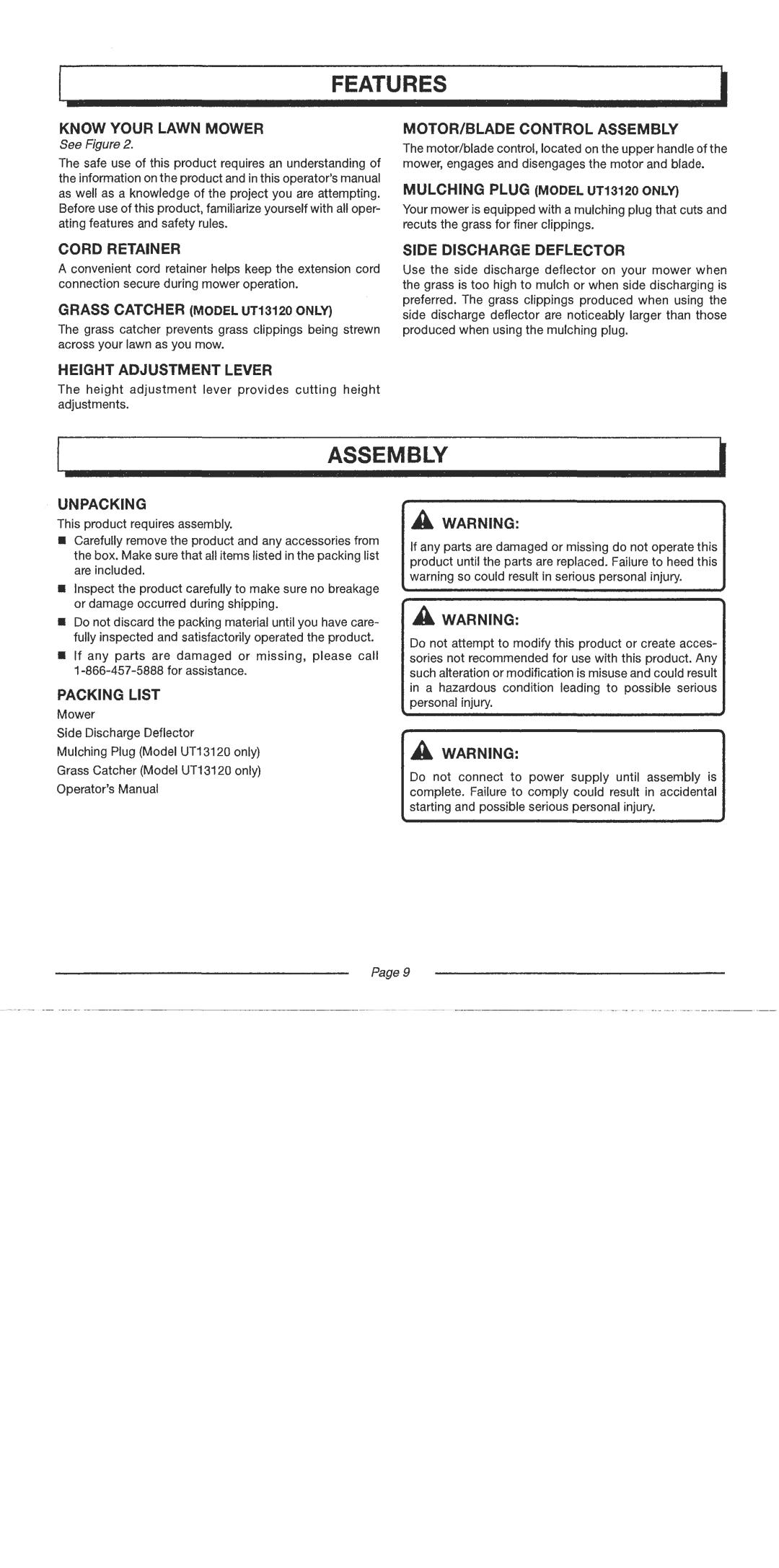 American Lawn Mower Co UT13118, UT13120 manual 