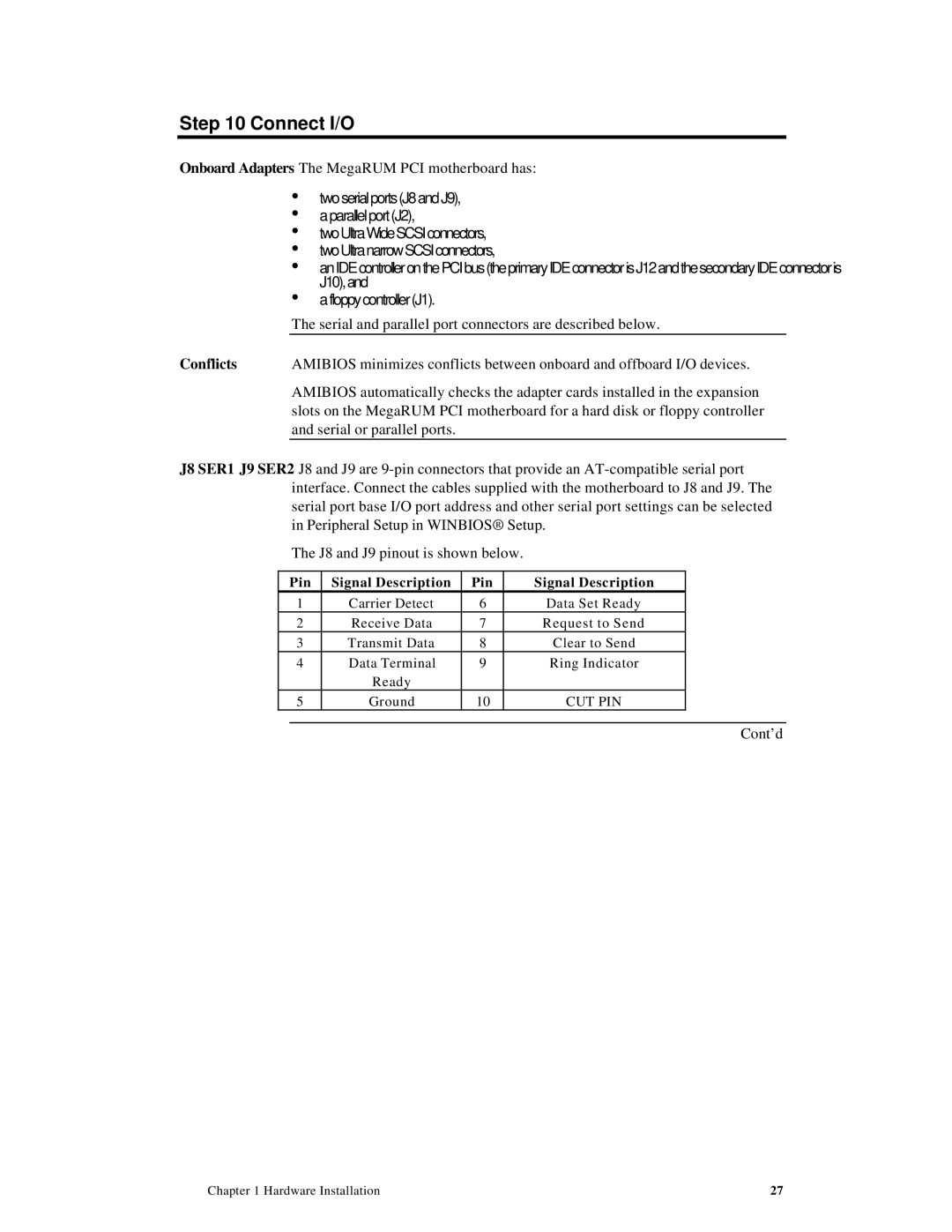 American Megatrends MAN-758 manual Connect I/O, Conflicts, Pin Signal Description 