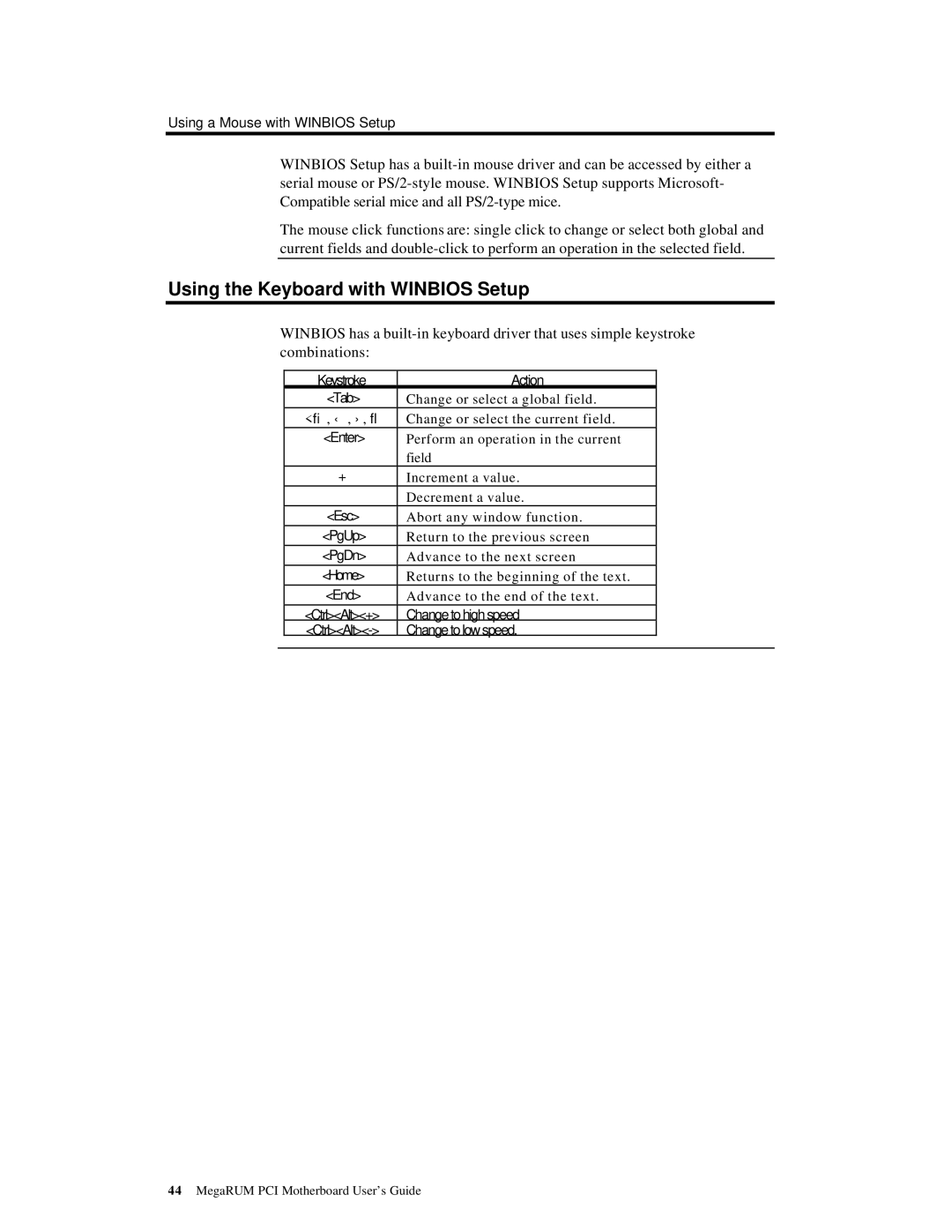 American Megatrends MAN-758 manual Using the Keyboard with Winbios Setup, Keystroke Action 