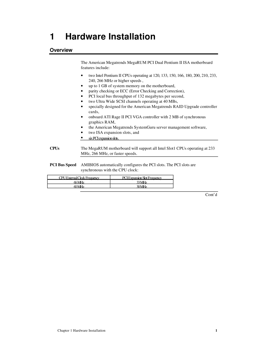 American Megatrends MAN-758 manual Overview, CPUs, CPUExternalClockFrequency PCIExpansionSlotFrequency 