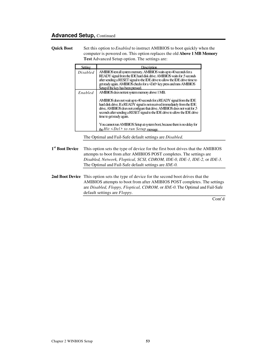 American Megatrends MAN-758 manual Setting Description, Disabled 