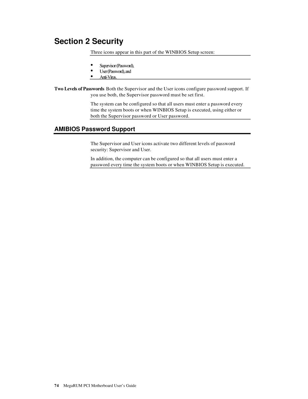 American Megatrends MAN-758 manual Security, Amibios Password Support 