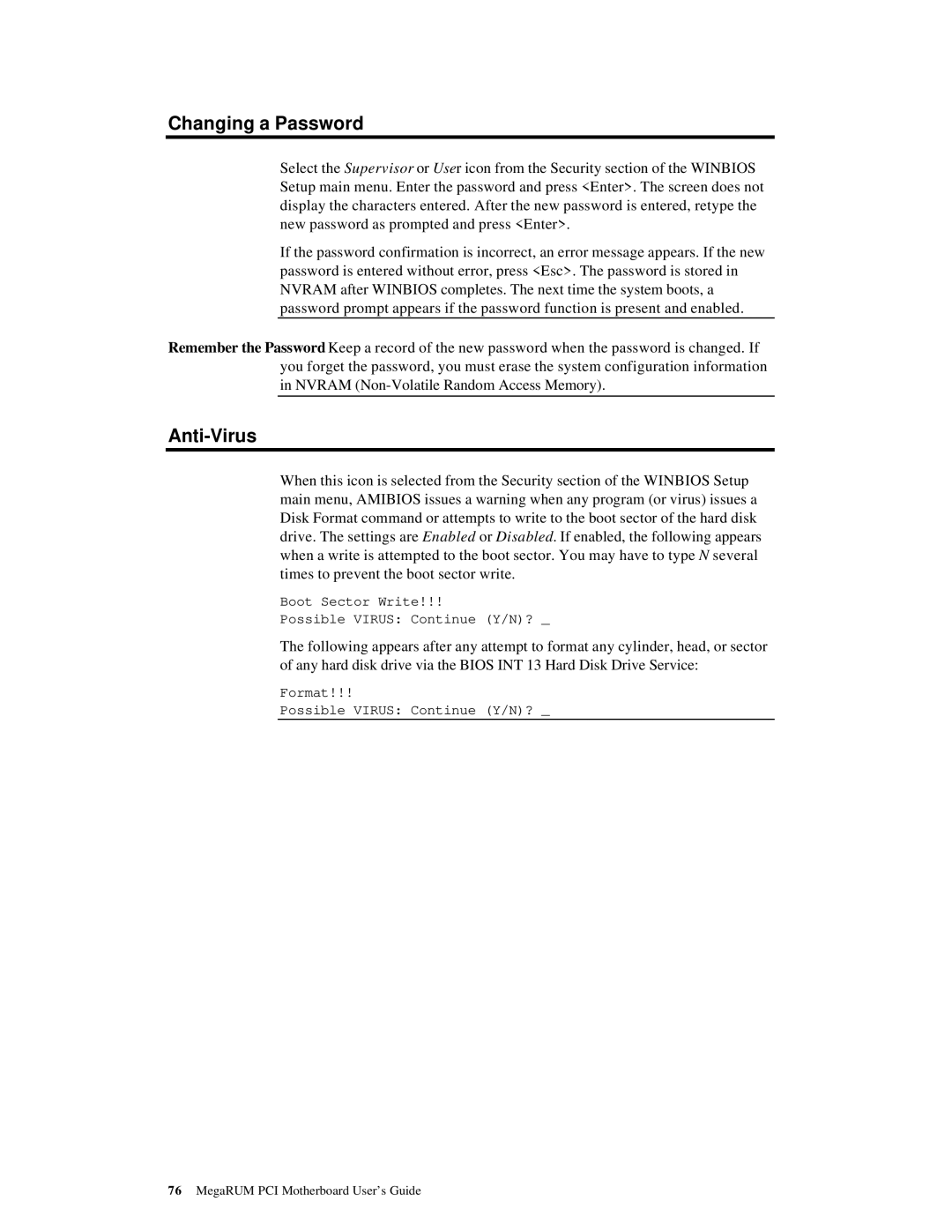 American Megatrends MAN-758 manual Changing a Password, Anti-Virus 