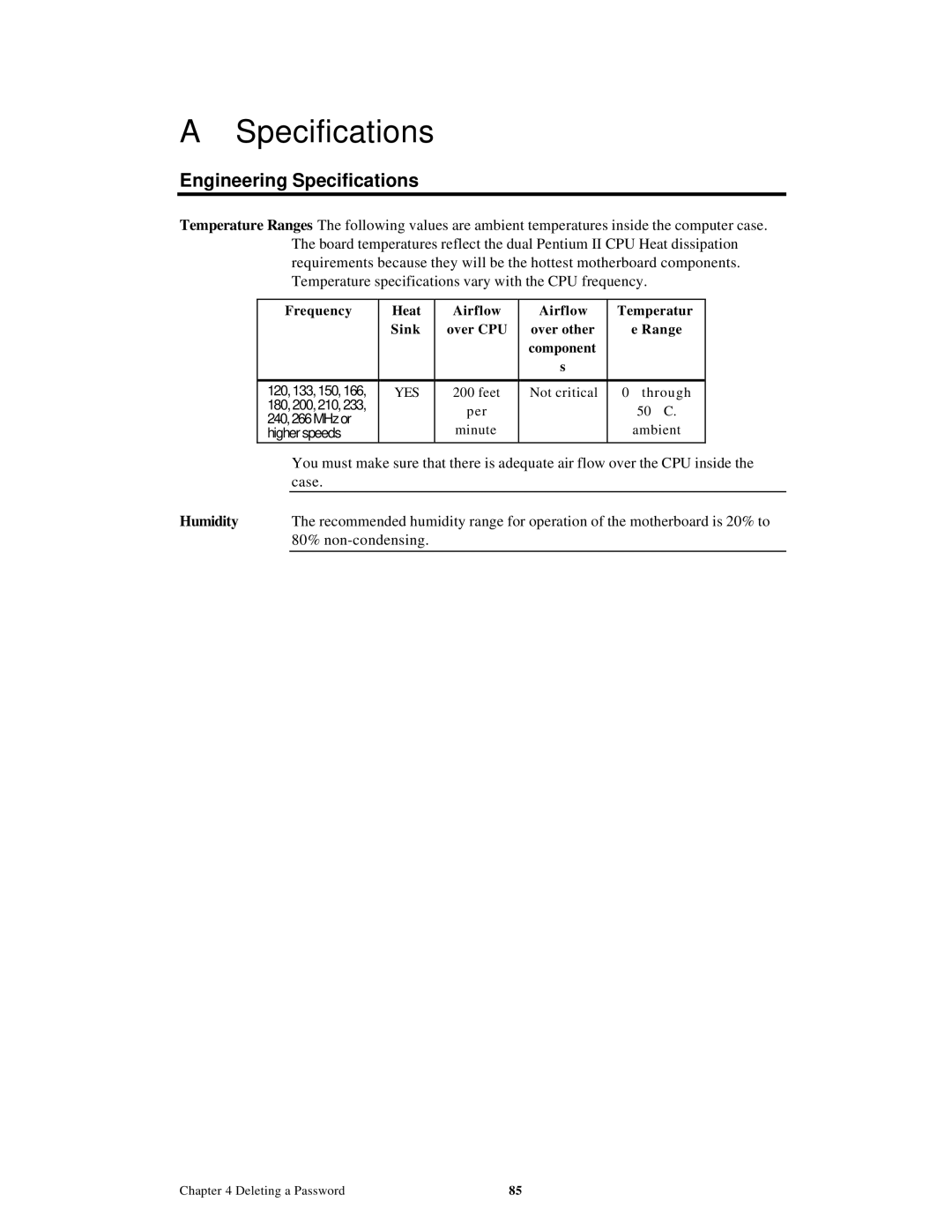 American Megatrends MAN-758 manual Engineering Specifications, Humidity, Frequency Heat Airflow Temperatur 