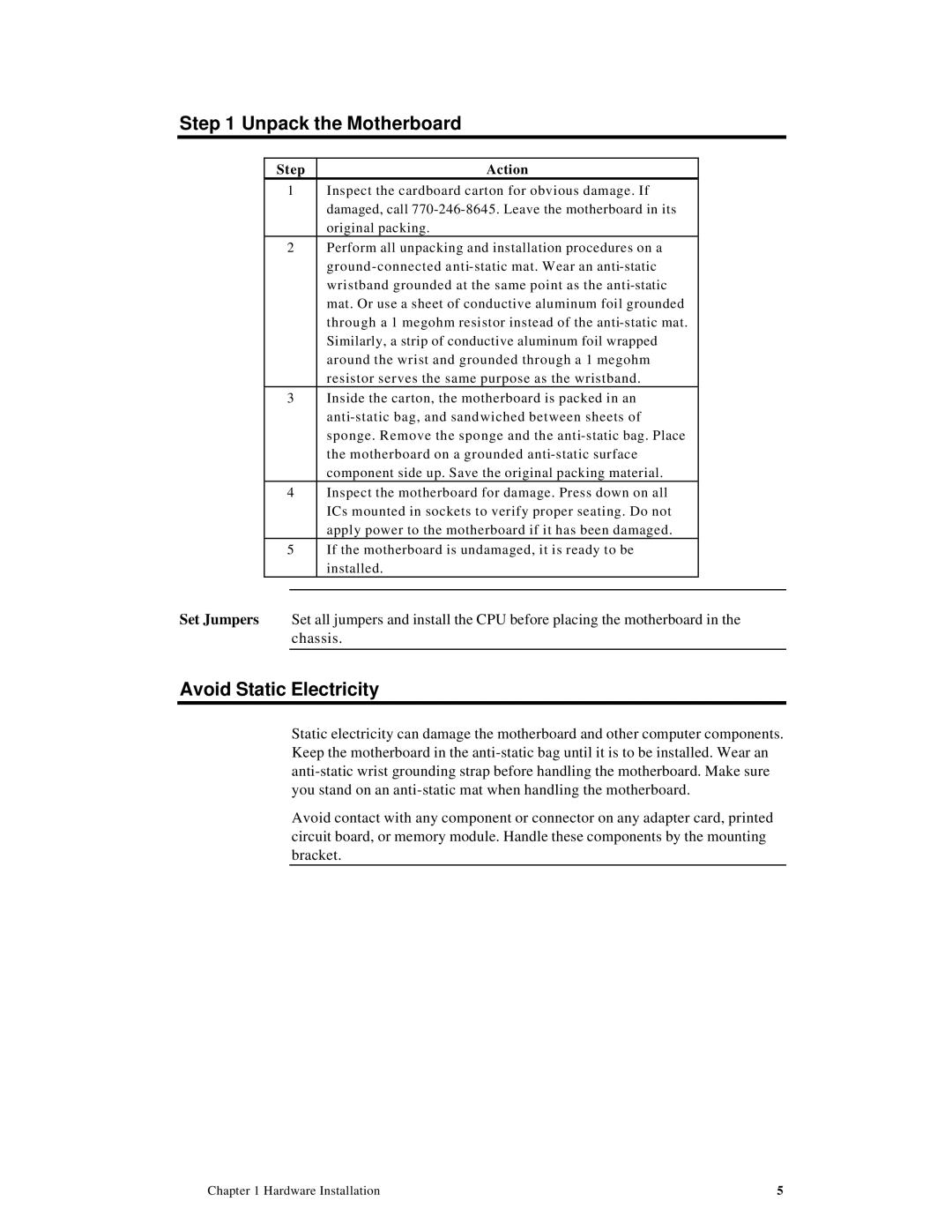 American Megatrends MAN-758 manual Unpack the Motherboard, Avoid Static Electricity, Step Action 