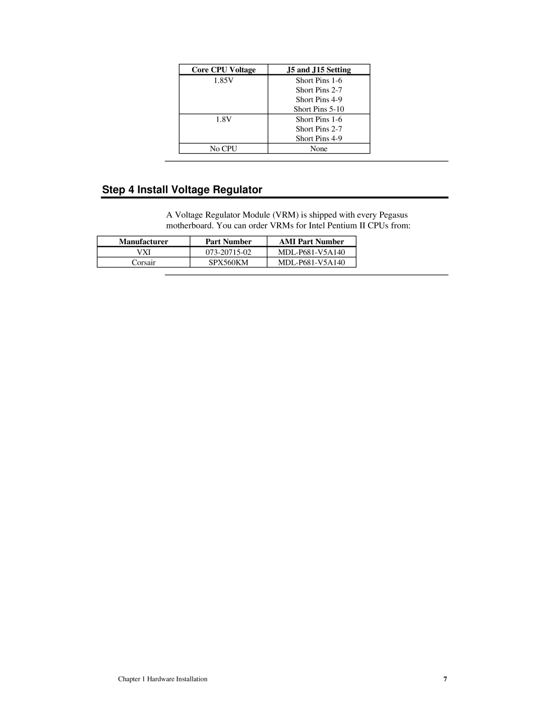 American Megatrends MAN-759 manual Install Voltage Regulator, Manufacturer Part Number AMI Part Number 