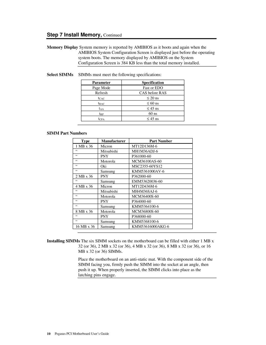 American Megatrends MAN-759 manual Simm Part Numbers, Parameter Specification, Type Manufacturer Part Number 