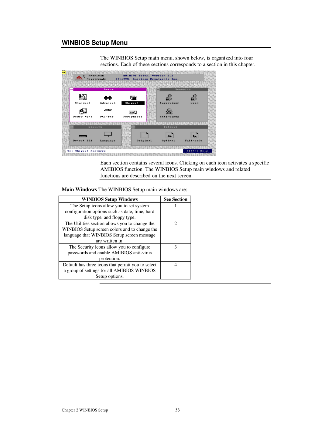 American Megatrends MAN-759 manual Winbios Setup Menu, Winbios Setup Windows See Section 