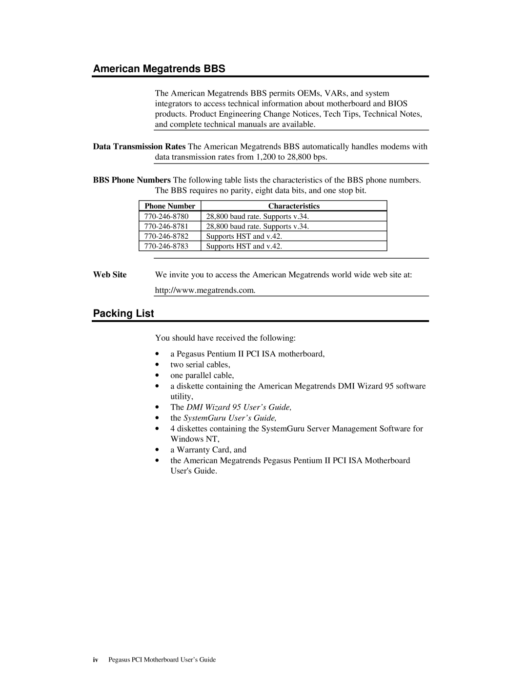 American Megatrends MAN-759 manual American Megatrends BBS, Packing List, Phone Number Characteristics 