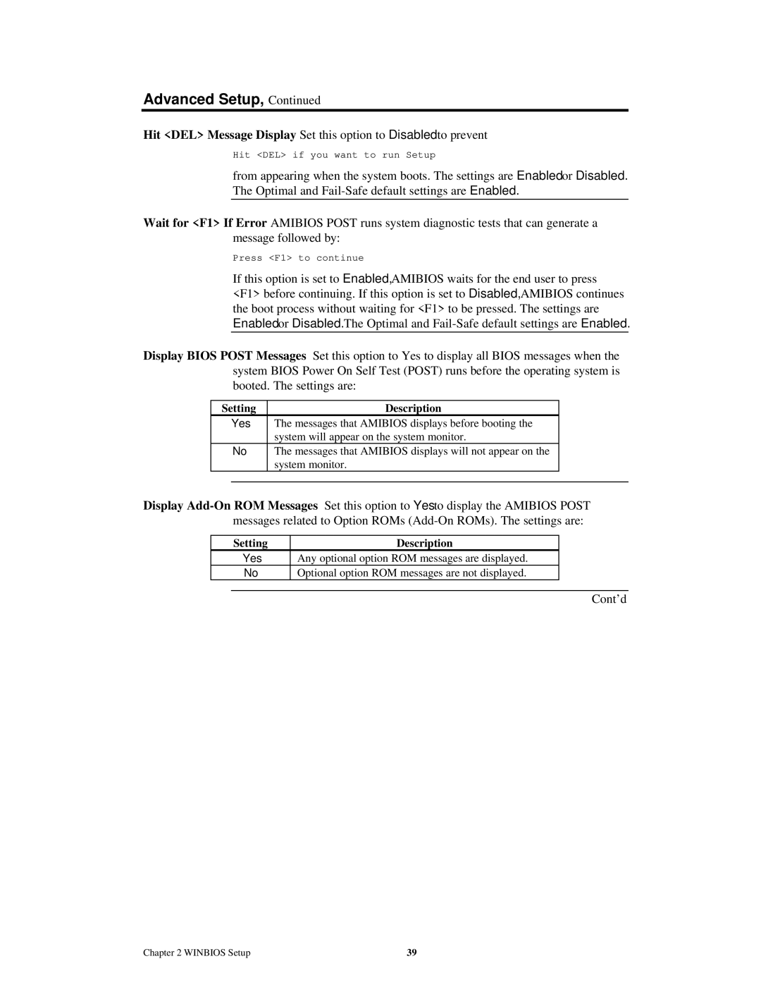 American Megatrends MAN-759 manual Setting Description, Any optional option ROM messages are displayed 