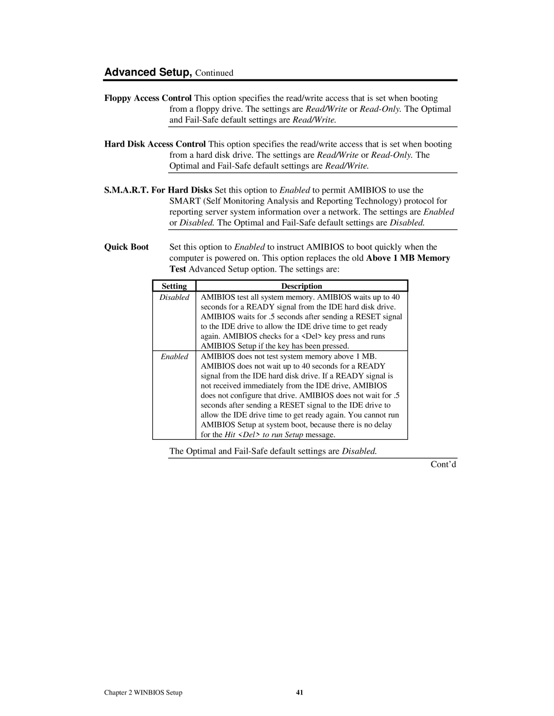 American Megatrends MAN-759 manual Optimal and Fail-Safe default settings are Disabled Cont’d 