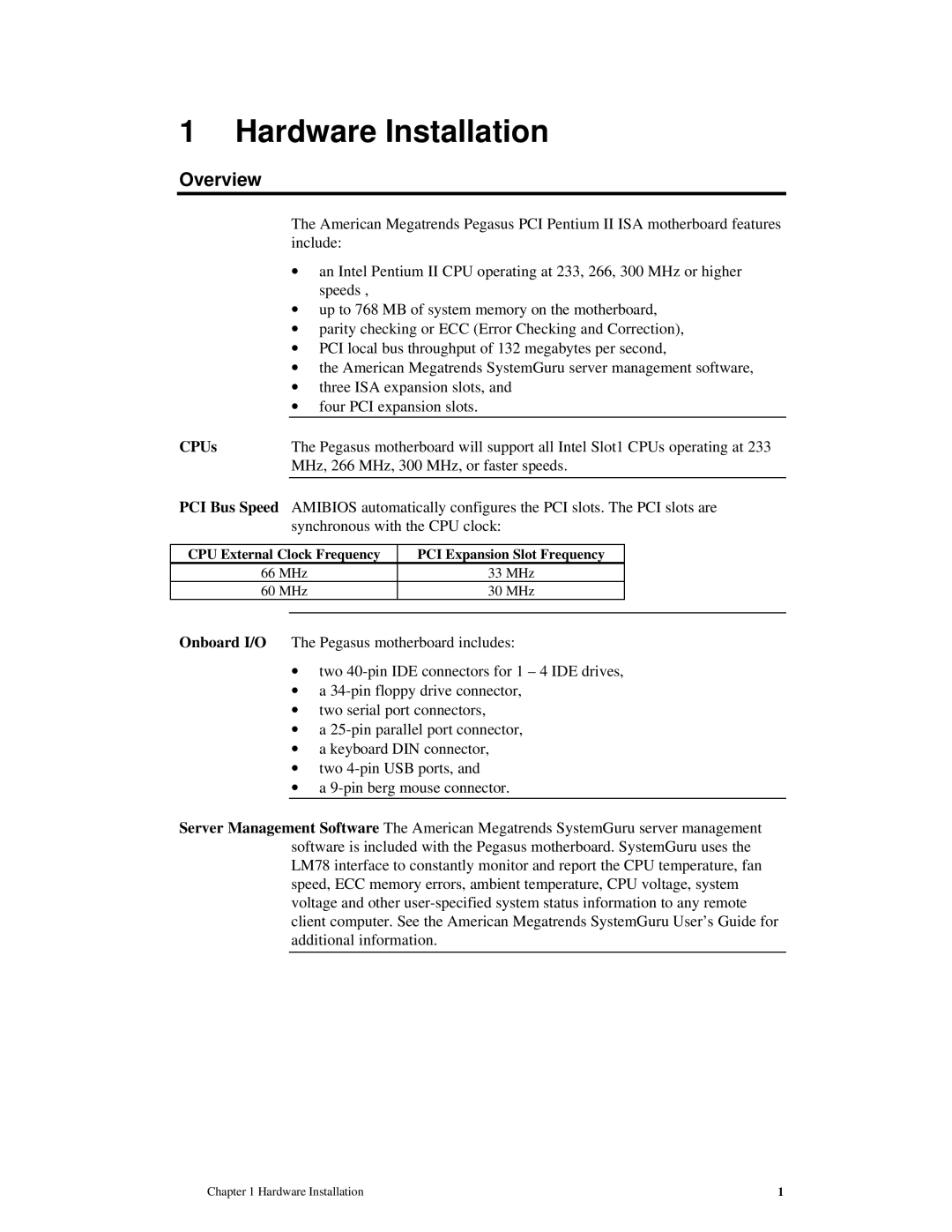 American Megatrends MAN-759 manual Overview, CPUs, CPU External Clock Frequency PCI Expansion Slot Frequency 