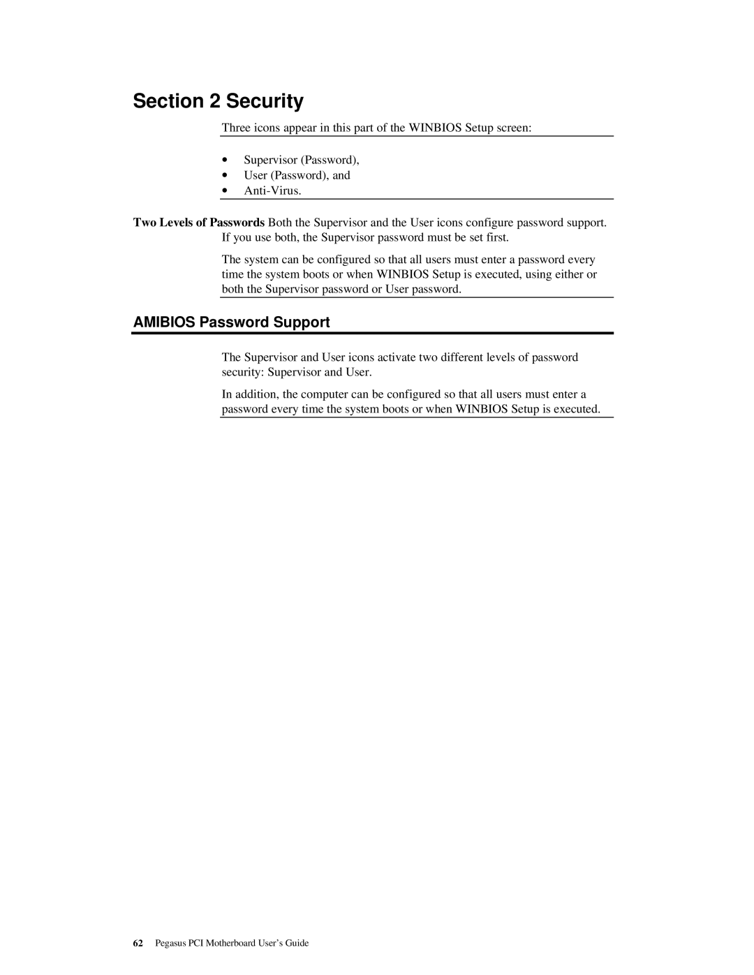 American Megatrends MAN-759 manual Security, Amibios Password Support 