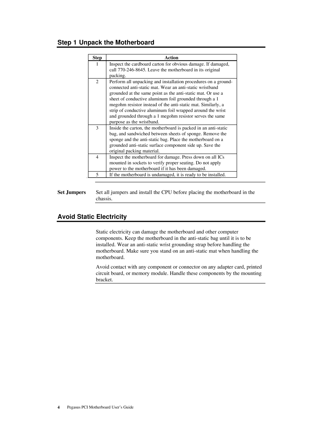 American Megatrends MAN-759 manual Unpack the Motherboard, Avoid Static Electricity, Step Action 