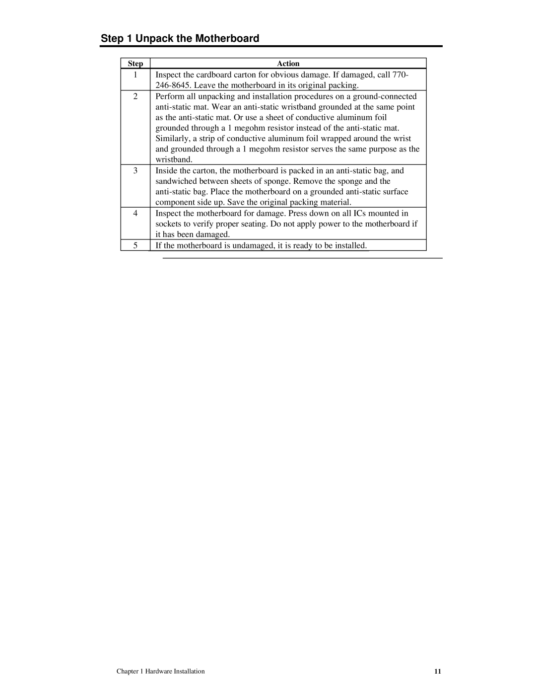 American Megatrends MAN-772 manual Unpack the Motherboard, Step Action 