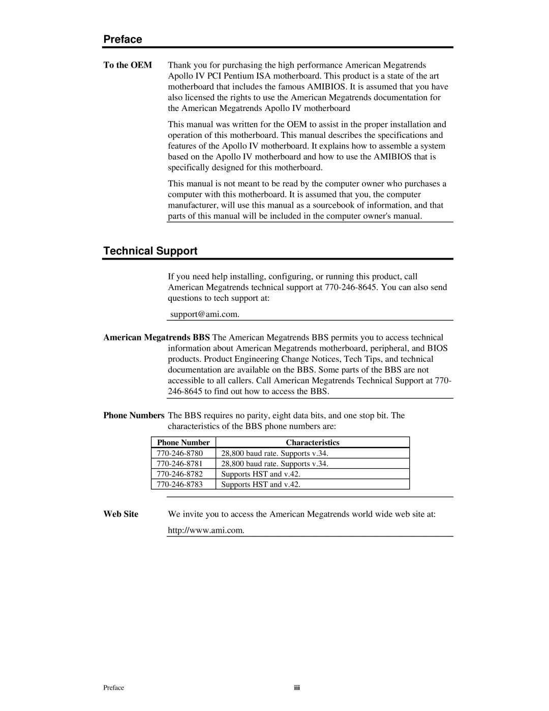 American Megatrends MAN-772 manual Preface, Technical Support, Phone Number Characteristics 