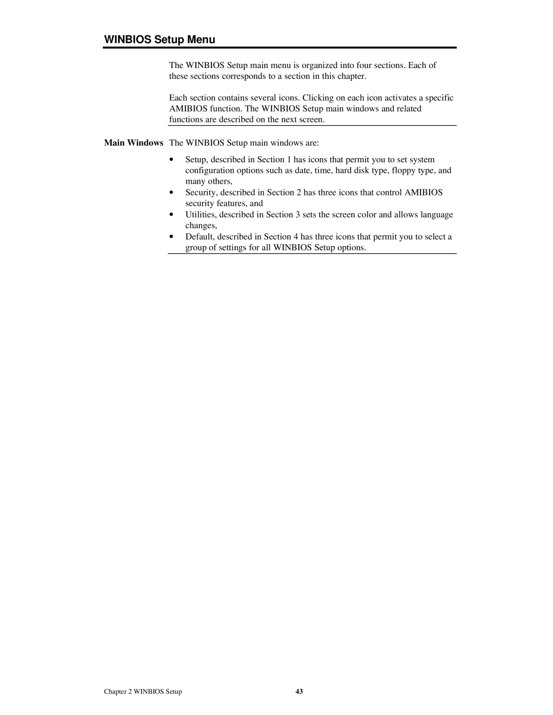 American Megatrends MAN-772 manual Winbios Setup Menu 