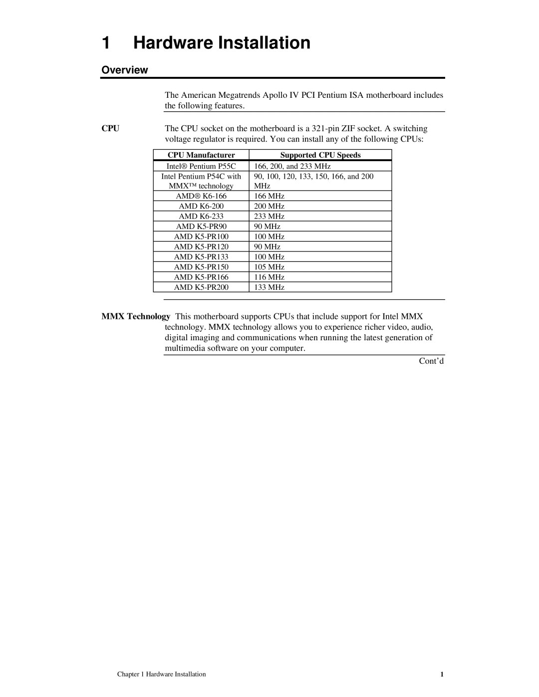 American Megatrends MAN-772 manual Overview, CPU Manufacturer Supported CPU Speeds 