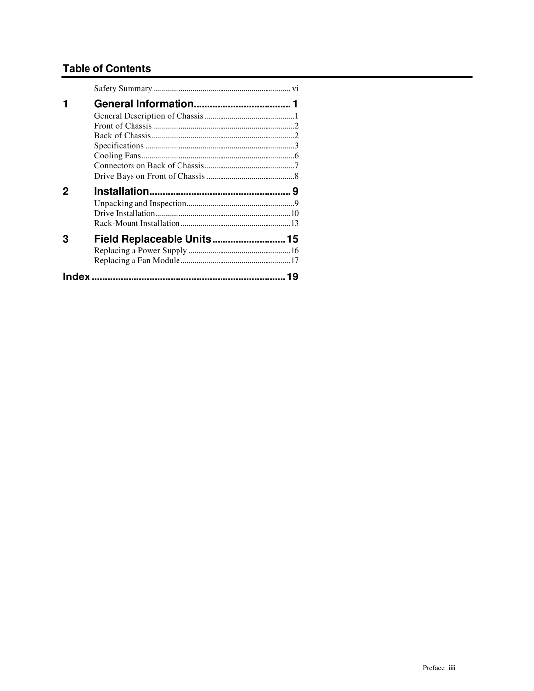 American Megatrends MAN-782-CH4 manual Table of Contents, Field Replaceable Units, Index 