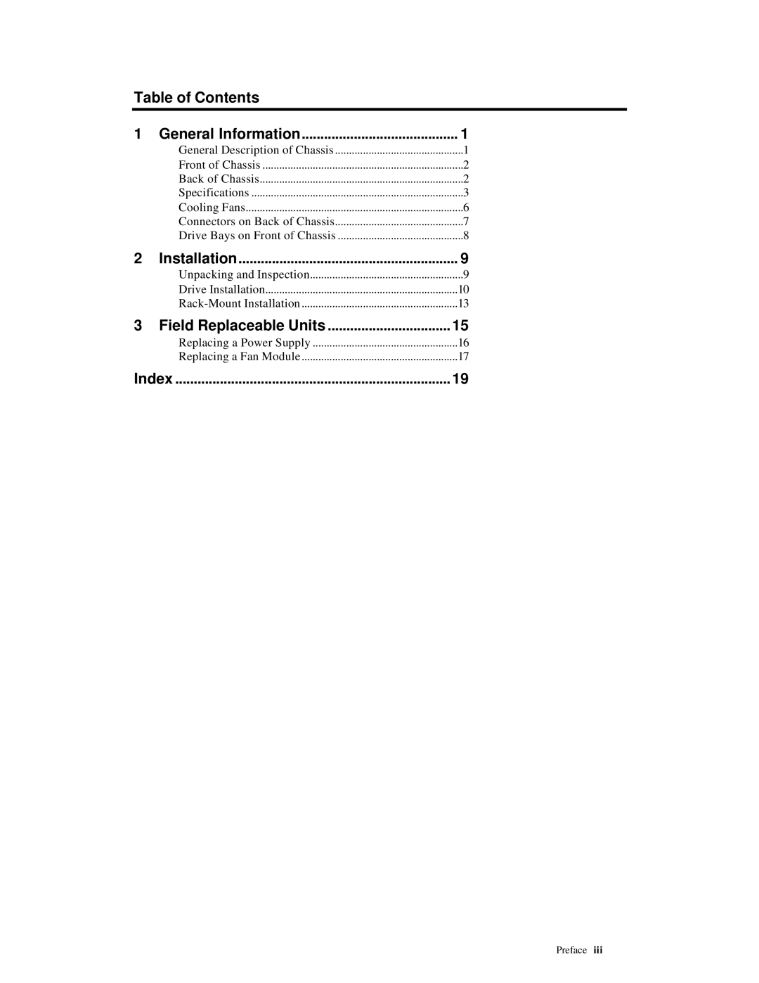 American Megatrends MAN-782-CH9 manual Table of Contents, Field Replaceable Units, Index 