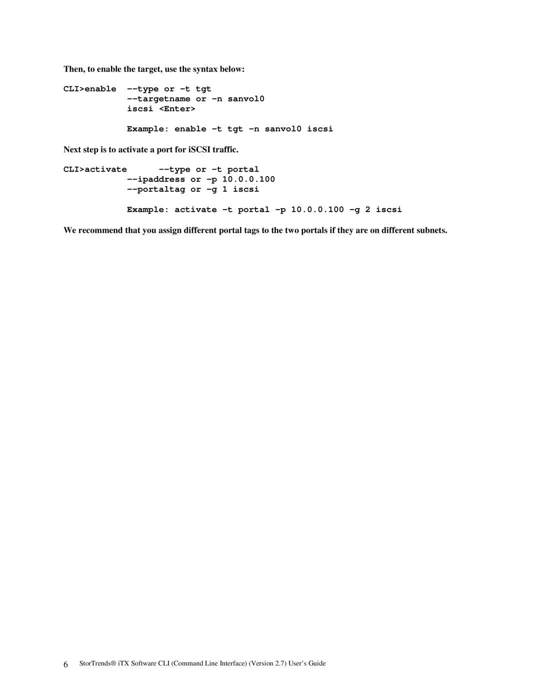 American Megatrends MAN-STOR-ITX27-CLI manual Then, to enable the target, use the syntax below 