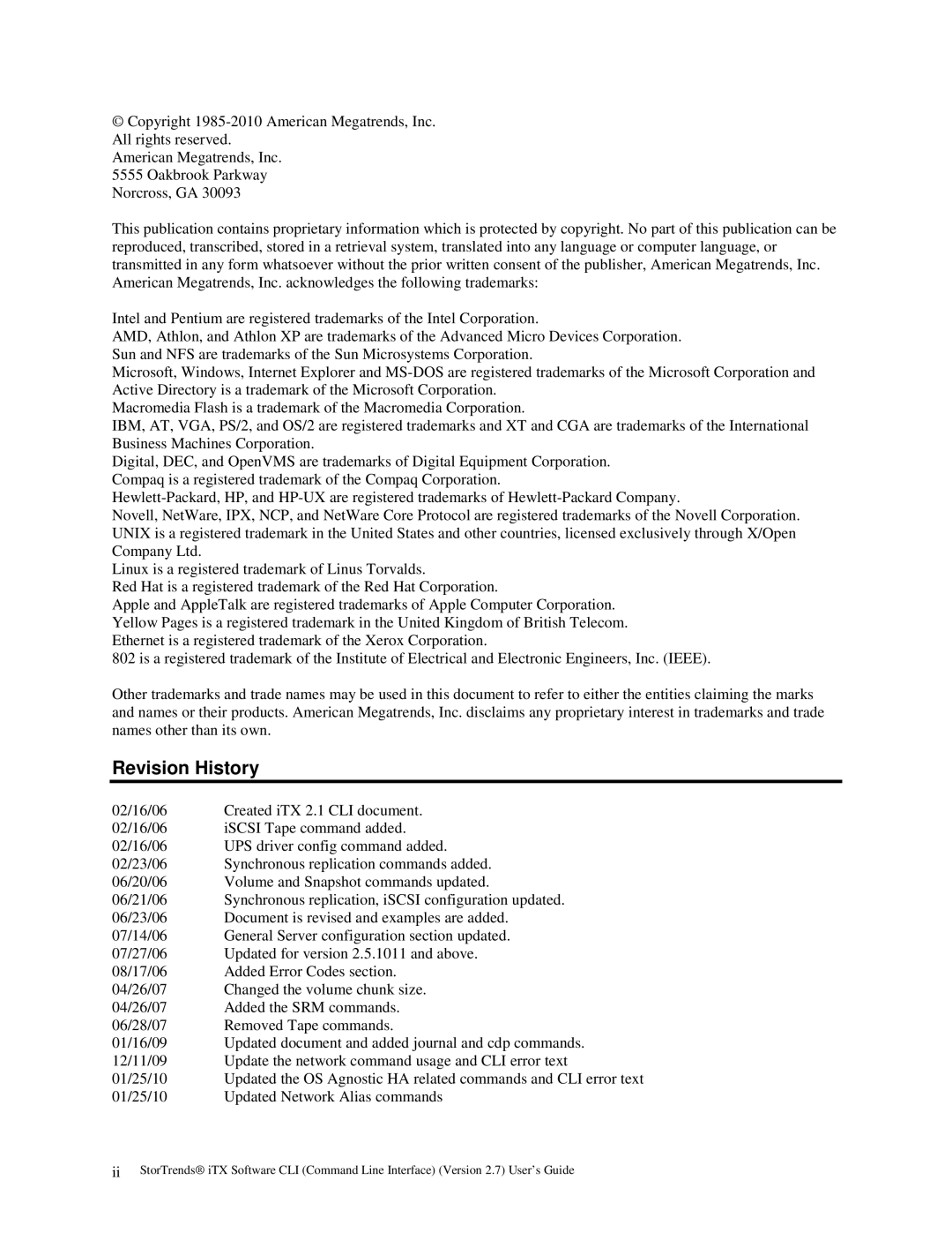 American Megatrends MAN-STOR-ITX27-CLI manual Revision History 