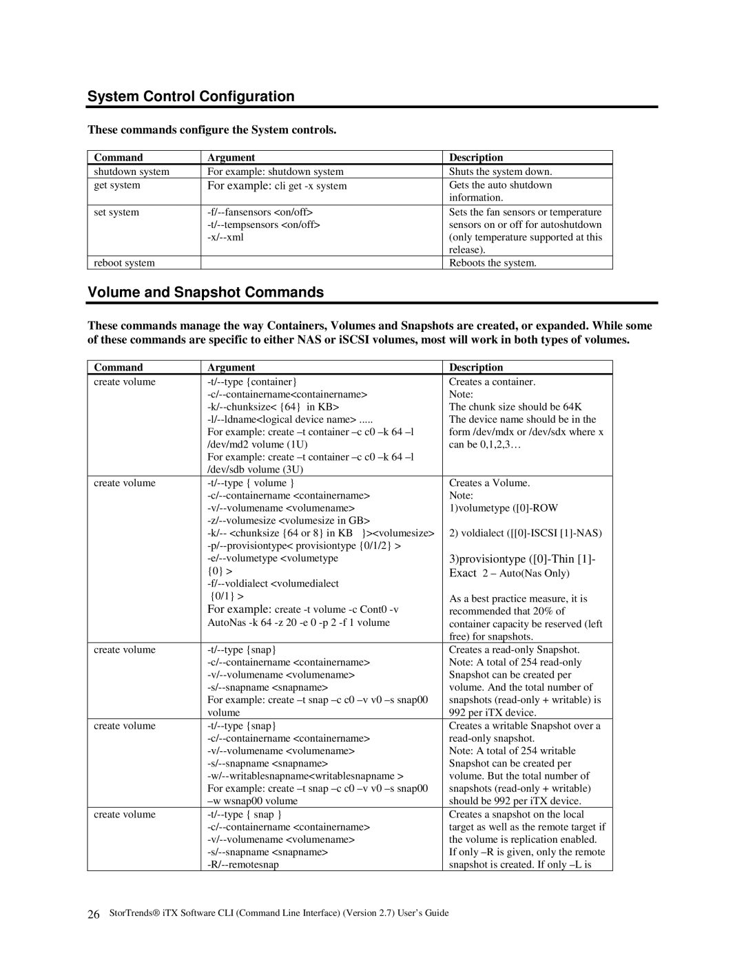 American Megatrends MAN-STOR-ITX27-CLI System Control Configuration, Volume and Snapshot Commands, 3provisiontype 0-Thin 