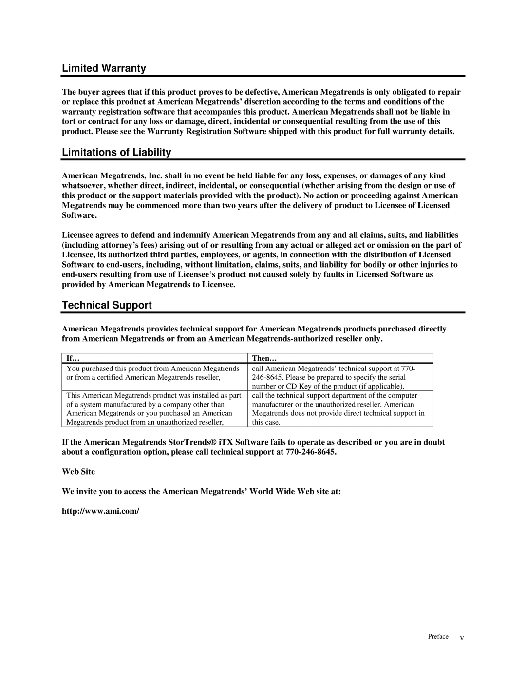 American Megatrends MAN-STOR-ITX27-CLI manual Limited Warranty, Limitations of Liability, Technical Support 