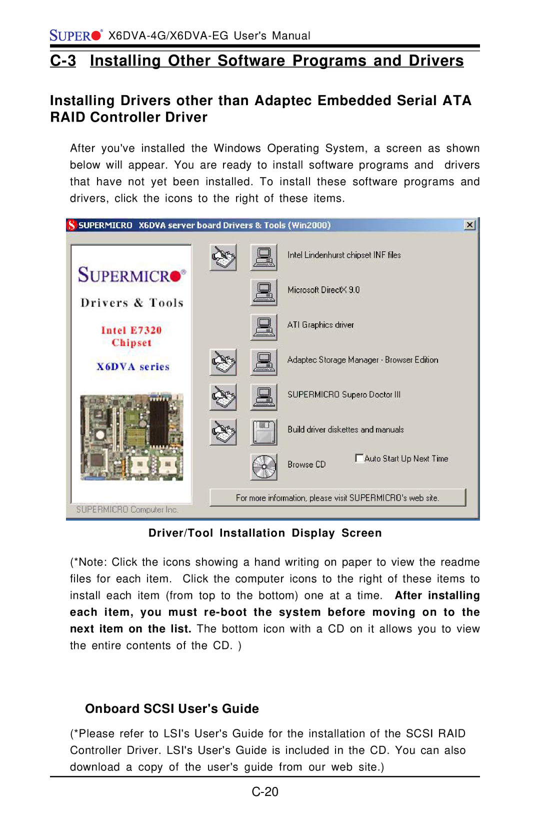 American Megatrends X6DVA-4G, X6DVA-EG user manual Installing Other Software Programs and Drivers, Onboard Scsi Users Guide 