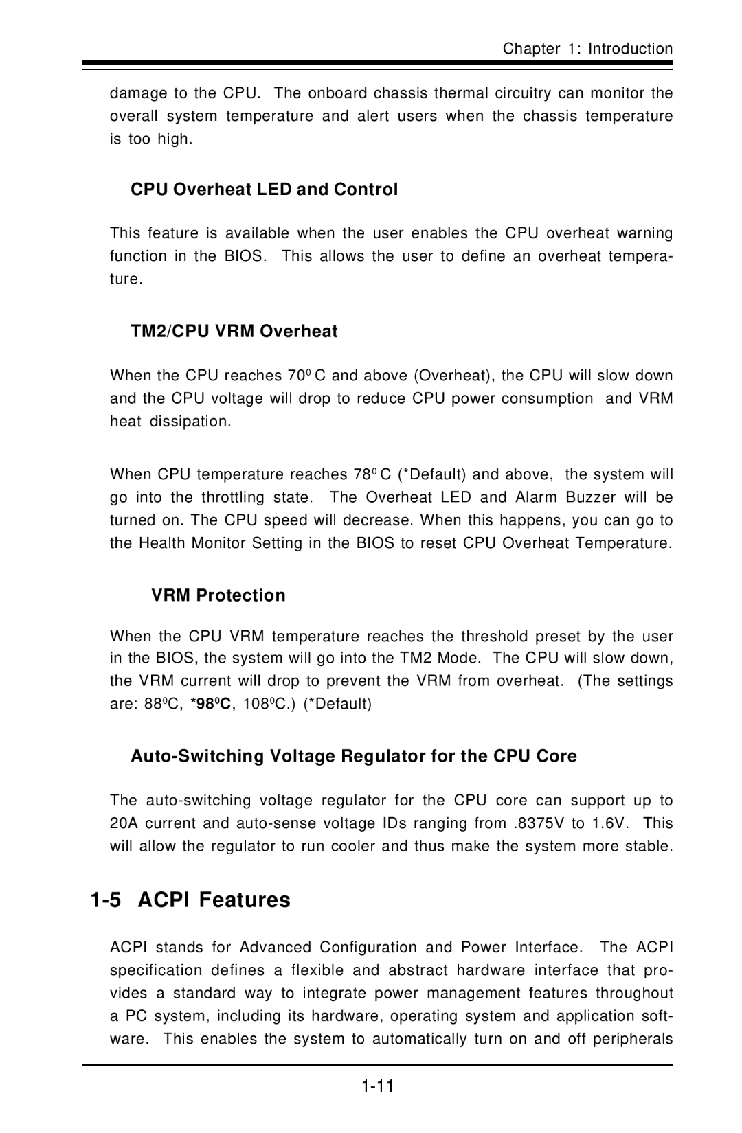 American Megatrends X6DVA-EG, X6DVA-4G Acpi Features, CPU Overheat LED and Control, TM2/CPU VRM Overheat, VRM Protection 