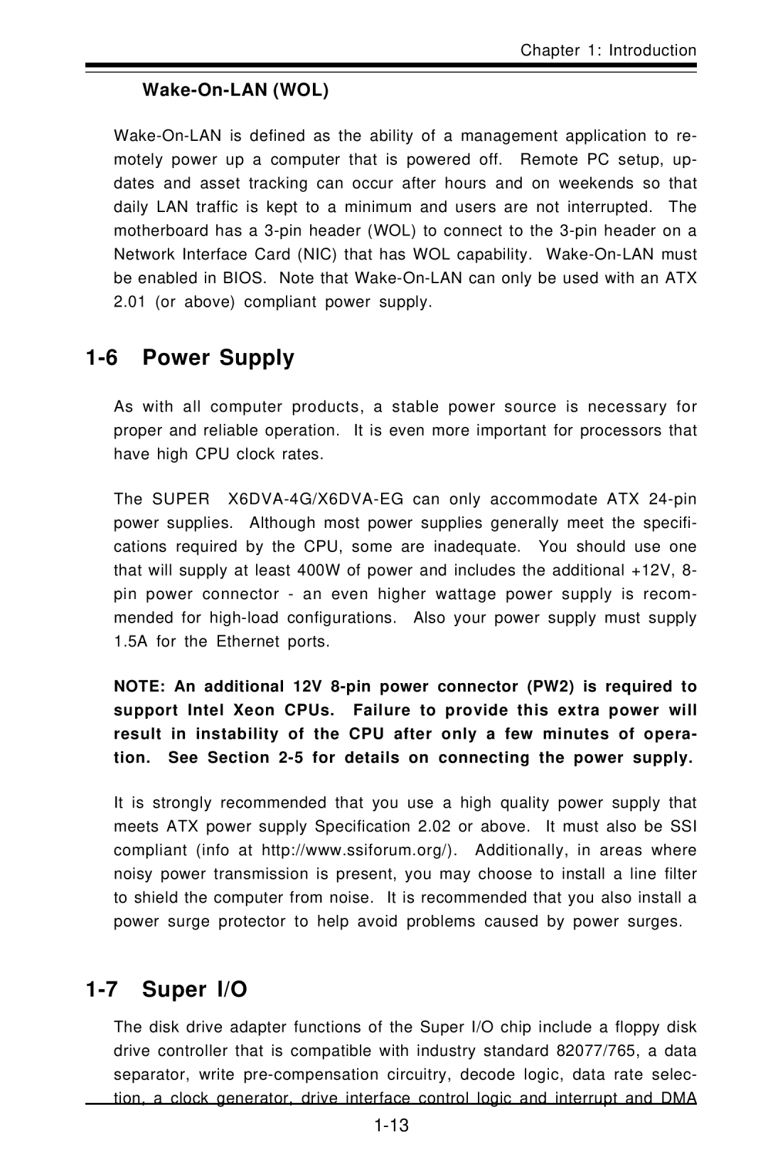 American Megatrends X6DVA-EG, X6DVA-4G user manual Power Supply, Super I/O, Wake-On-LAN WOL 