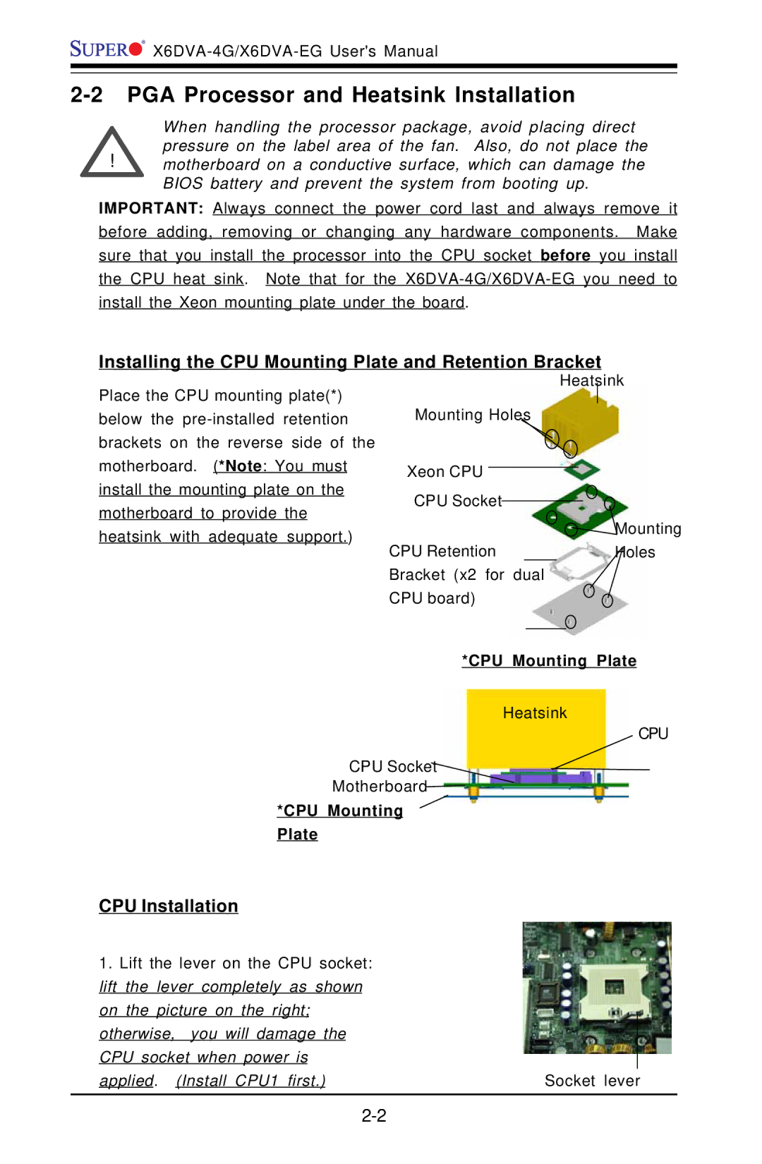 American Megatrends X6DVA-4G, X6DVA-EG PGA Processor and Heatsink Installation, CPU Installation, CPU Mounting Plate 