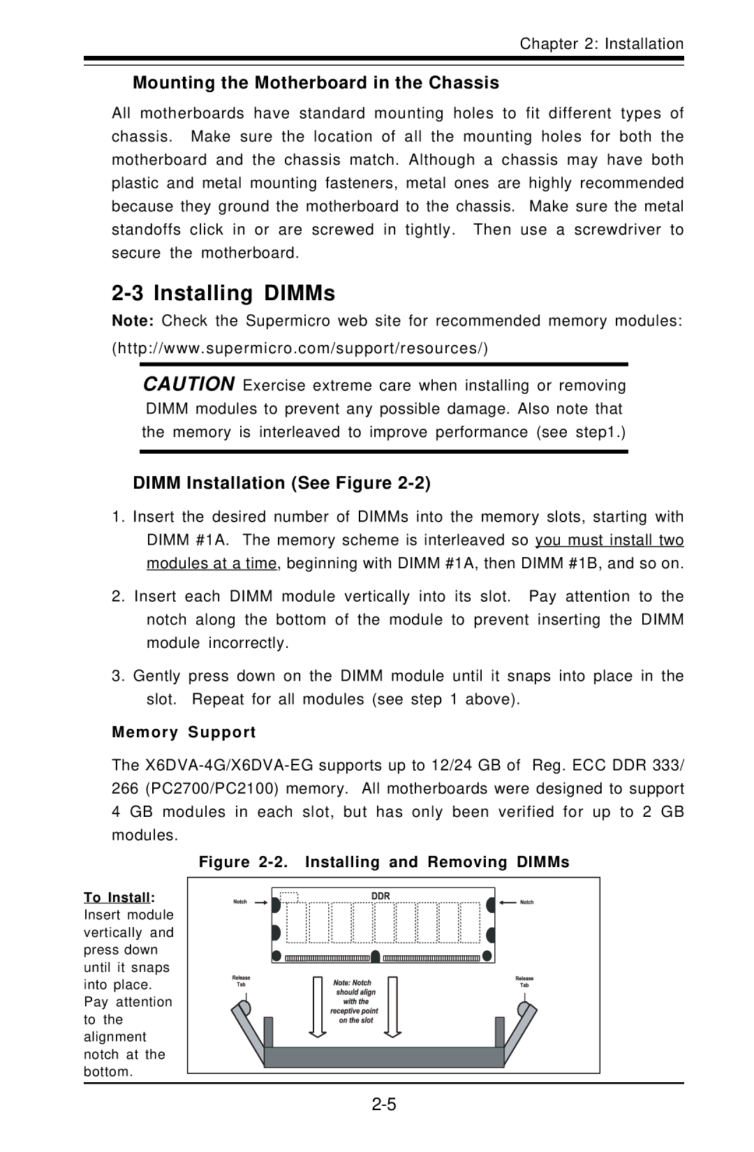 American Megatrends X6DVA-EG Installing DIMMs, Mounting the Motherboard in the Chassis, Dimm Installation See Figure 