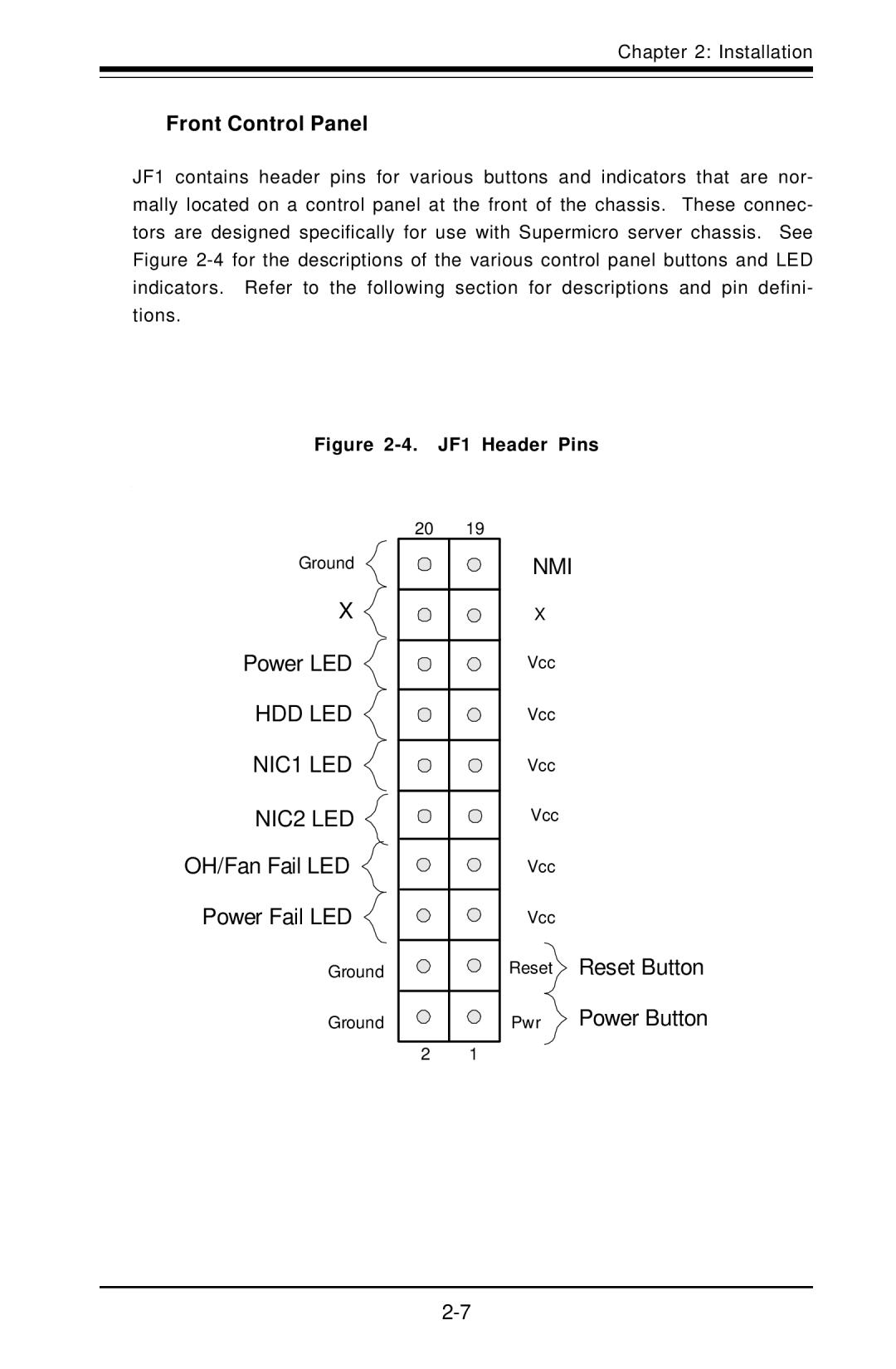 American Megatrends X6DVA-EG, X6DVA-4G user manual Front Control Panel, JF1 Header Pins 