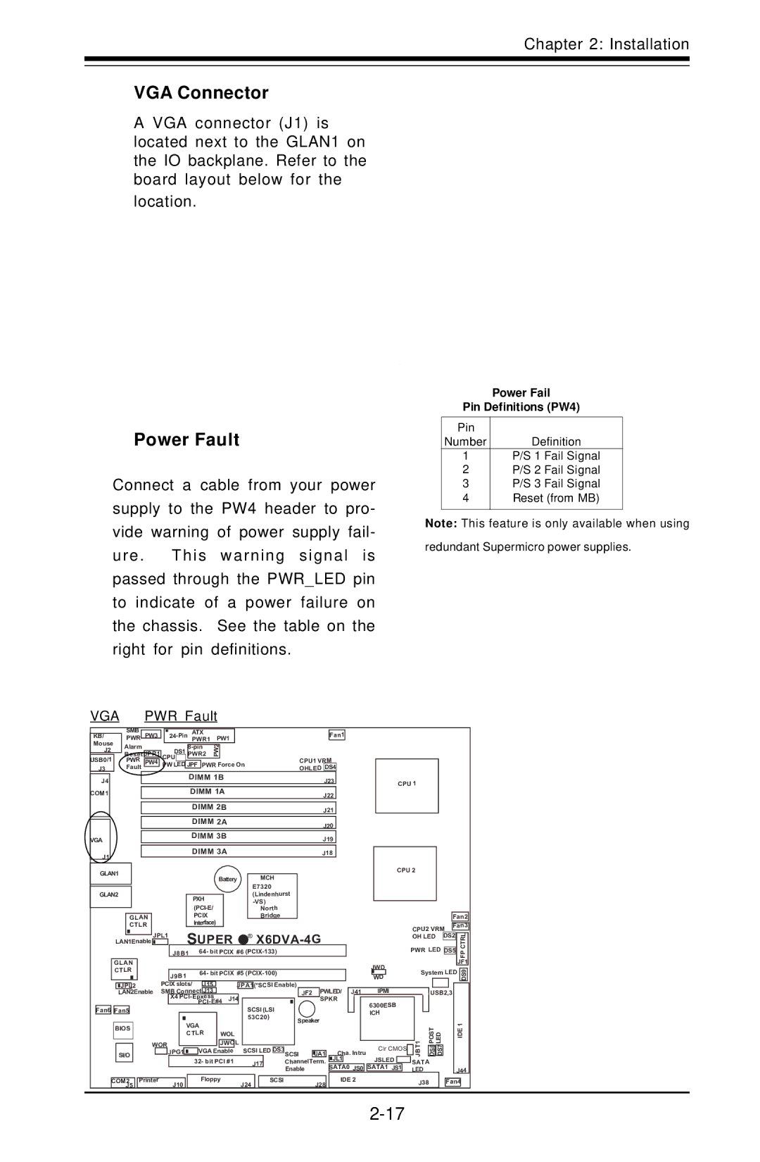 American Megatrends X6DVA-EG, X6DVA-4G user manual VGA Connector, Power Fault, VGA PWR Fault, Power Fail Pin Definitions PW4 