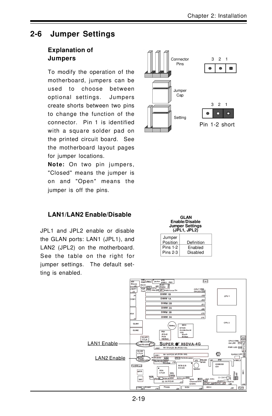 American Megatrends X6DVA-EG Jumper Settings, Explanation Jumpers, LAN1/LAN2 Enable/Disable, LAN1 Enable LAN2 Enable 